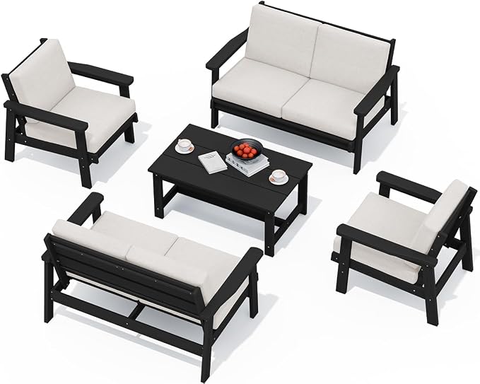 SERWALL HDPE Patio Furniture Set, 5 Piece All Weather Wood-Like Sectional by SERWALL