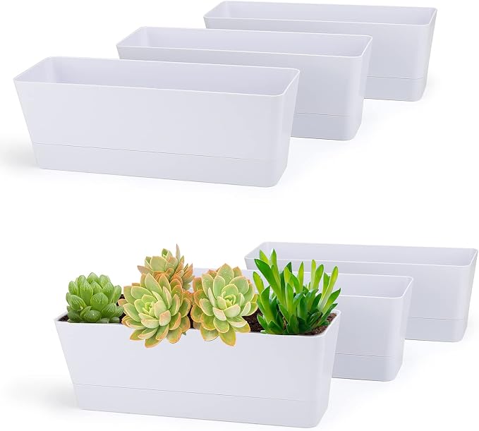 GREANER 12x3.8 Inch Herb Planters, 6 Pack White Rectangle Window Boxes by GREANER