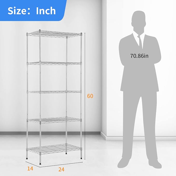 BestOffice | 5-Tier Wire Storage Shelves | 14x24x60 | Chrome | Heavy-Duty Metal - Image 3