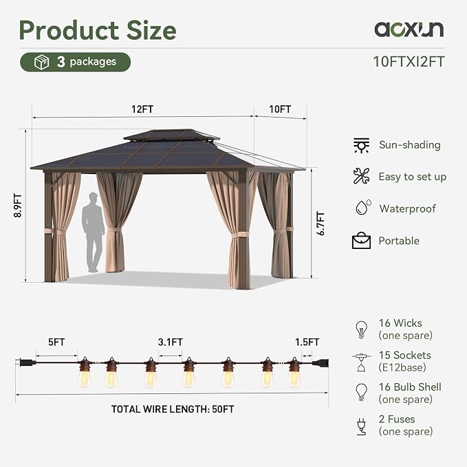 Aoxun 10'x12' Hardtop Gazebo, Aluminum Frame Permanent Pavilion - Image 3