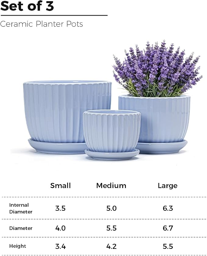 Ton Sin Sky Blue Ceramic Flower Pots, Modern Indoor Decorative Plant Pots Set - Image 3