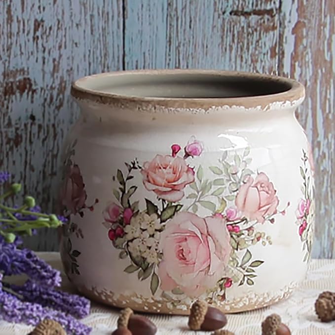 Ceramic Planter for Indoor Plants, 6.29 Inch Rose Pattern Crackle Glaze Flower - Image 8