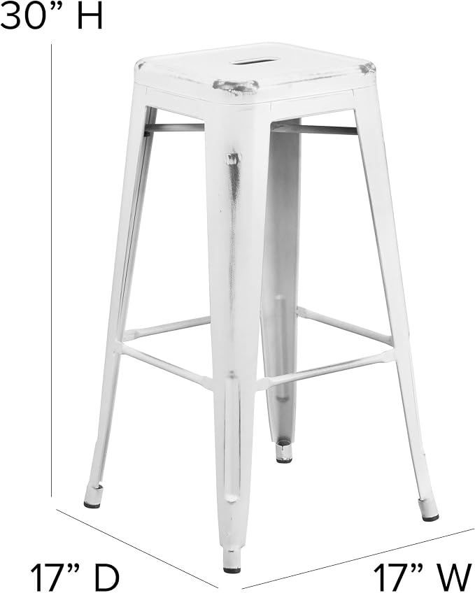 Flash Furniture Kai Commercial Grade 30" High Backless Distressed White Metal - Image 3
