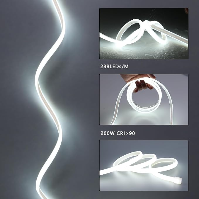 AC 110V COB LED Strip Lights Outdoor Waterproof 65.6ft, 6000K Cool White Super - Image 3