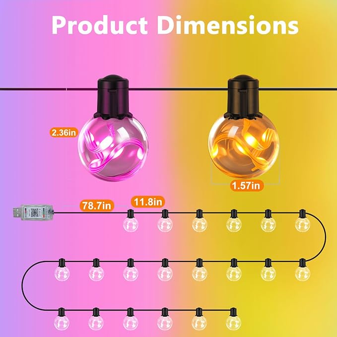 Outdoor String Lights, 25ft 20 Bulbs LED Color Changing Hanging Lights Dimmable - Image 7