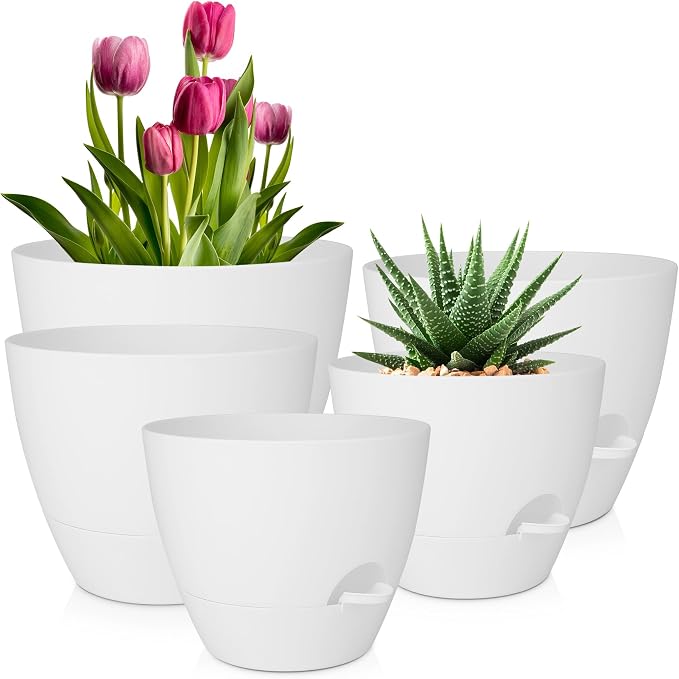 Plant Pots 10/9/8/7.5/7 Inch Self Watering Pots, Plastic Flower Pots, Nursery by QRRICA