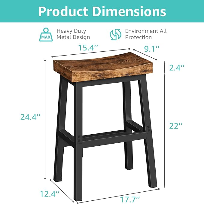 Rustic Bar Stools, 24 Inch Barstools Set of 2, Counter Height Stool - Image 3