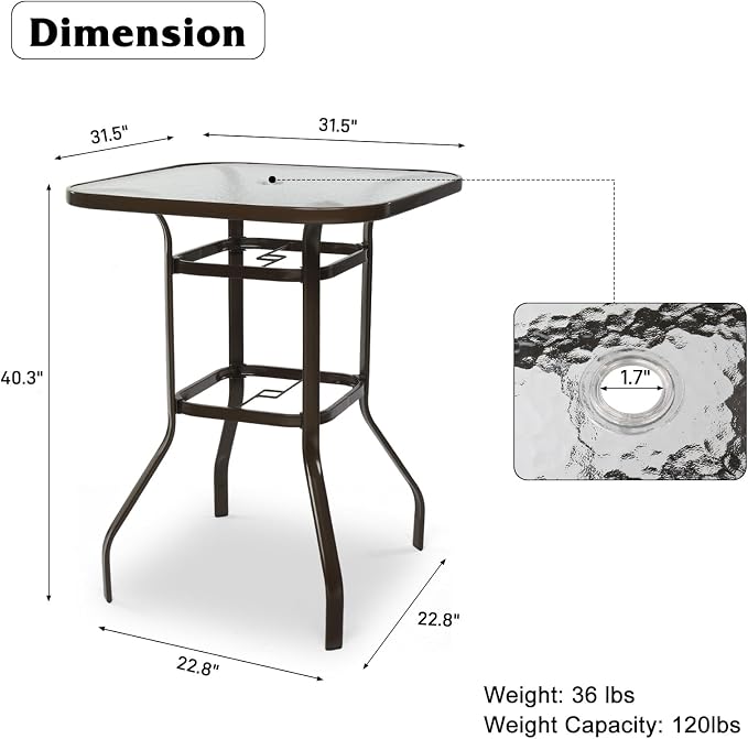 VINGLI Outdoor Bar Table with Umbrella Hole, Metal Patio Bar Height Pub Table - Image 3