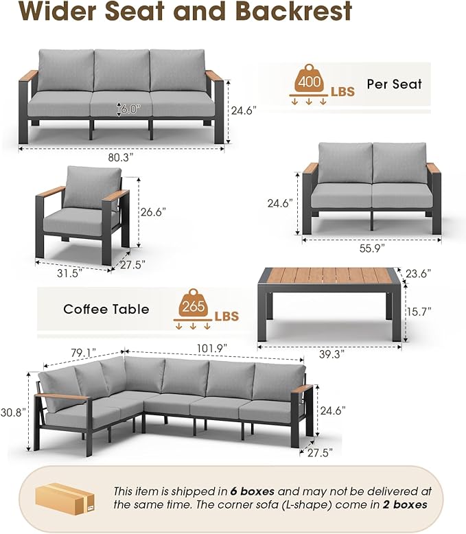 Aluminum Outdoor Patio Furniture Set 6 Seats, Outdoor Sectional Corner Sofa - Image 3