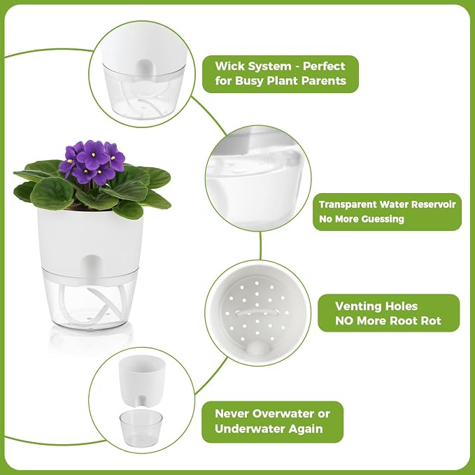 8 Pack Self Watering Pots for Indoor Plants, PlanterHoma 3.2 Inch Plant Pot - Image 6