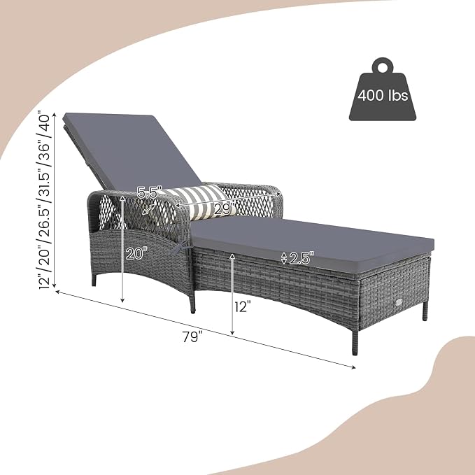 Tangkula Wicker Chaise Lounge Outdoor Set of 2, Patio Rattan Reclining Chaise - Image 3