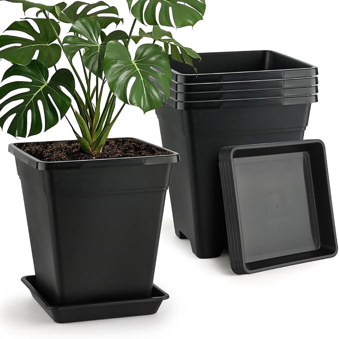 BTPLASTIK Plant Pots 10 Inch Set of 5, Large Square Plastic Planter by BTPLASTIK