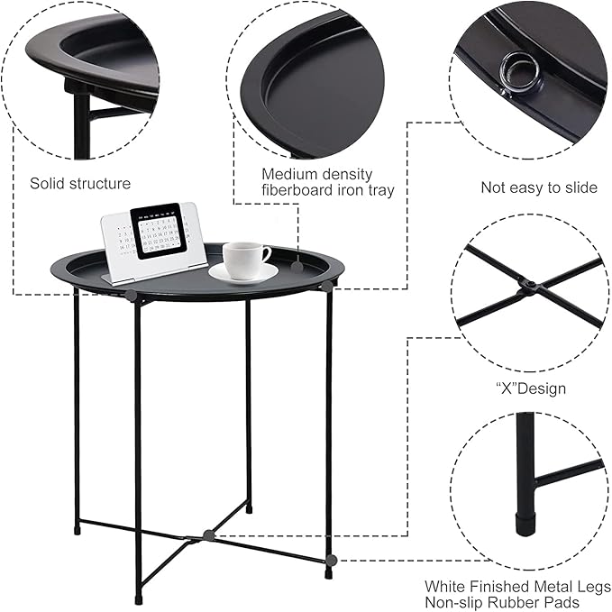 Garden 4 you End Table 2 PCS Metal Side Table Black Round Folding Tray Cyan - Image 7