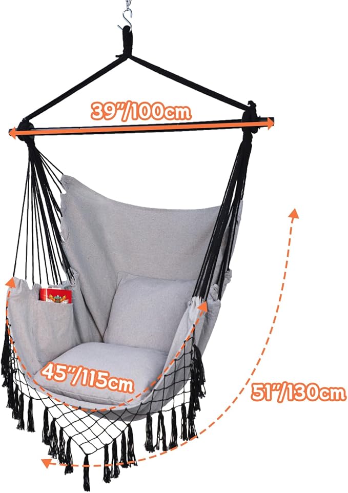 Hammock Chair Hanging Rope Swing Chair, Max 450 Lbs, Large Hanging Chair - Image 4