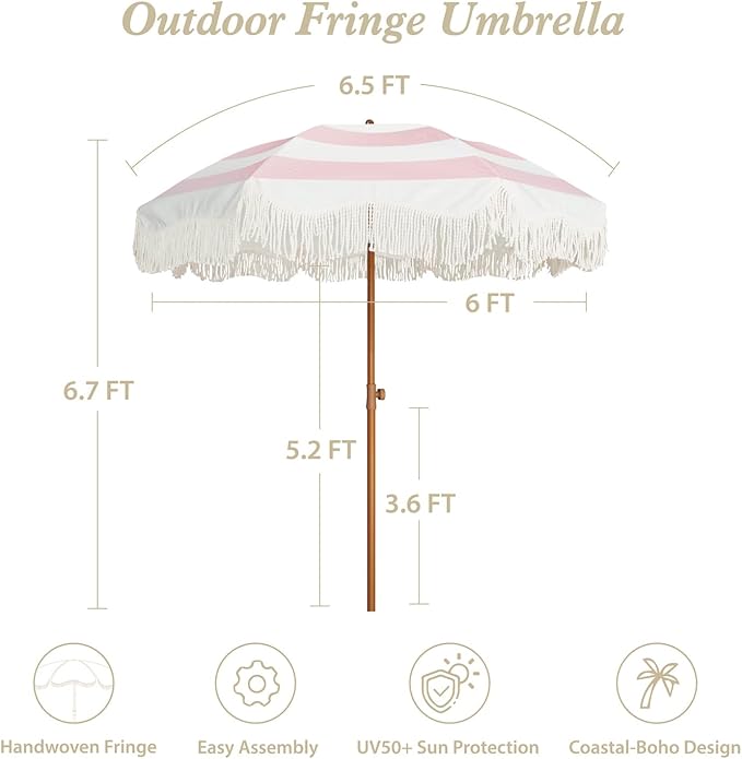 AMMSUN Boho Fringe Umbrella Outdoor Patio, 6.5ft UPF50+ Picnic Umbrella - Image 6