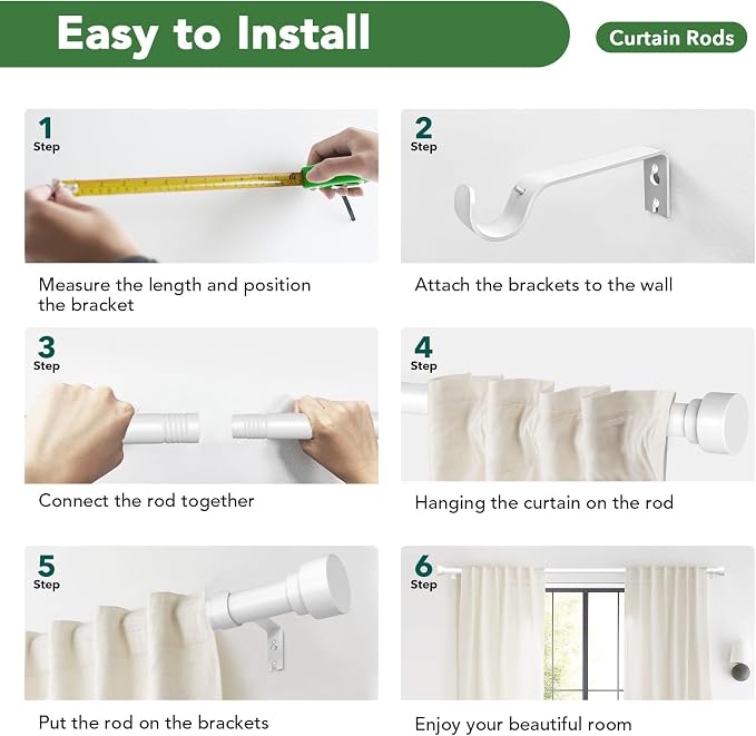 Curtain Rods for Windows 28 to 48, 1 Inch Adjustable White Heavy Duty Curtain - Image 9