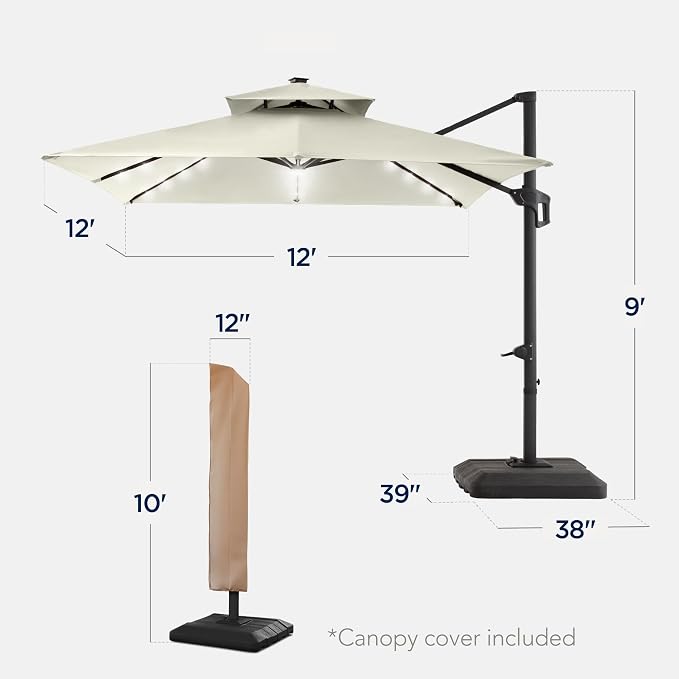 Best Choice Products 12x12ft LED Cantilever Patio Umbrella w/Base Included & - Image 2