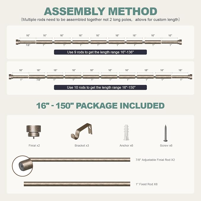 Retro Silver Curtain Rods for Windows 72 to 144 Inches Adjustable Length Heavy - Image 9