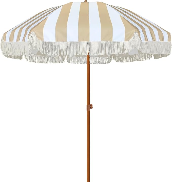 AMMSUN 7ft Patio Umbrella with Fringe Outdoor Tassel Umbrella UPF50+ Premium by AMMSUN