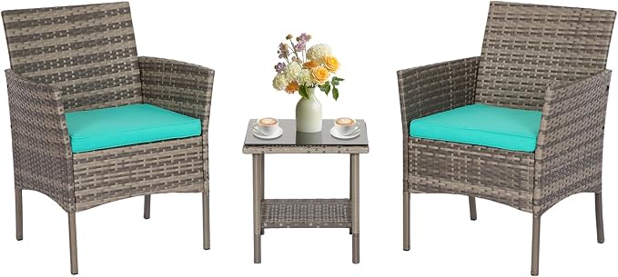 FDW 3 Piece Outdoor Furniture Set Patio Gray Wicker Chairs Furniture Bistro by FDW