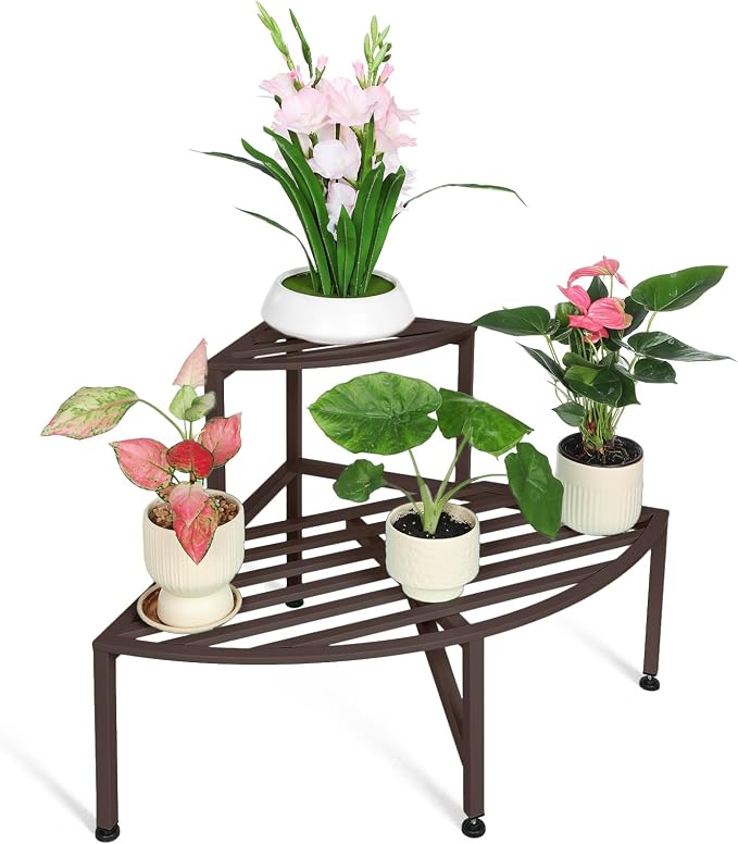 Corner Plant Stand Outdoor Metal, 2 Tier Heavy Duty Ladder Plant Shelf Indoor by Dipion