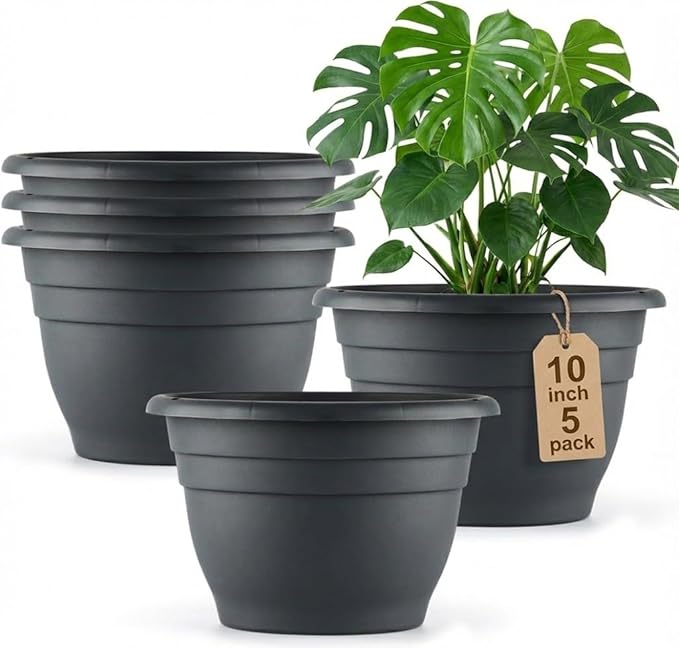 5 Pack 10 Inch Plant Pots for Indoor Outdoor, Plastic Floor Planters by RooTrimmer