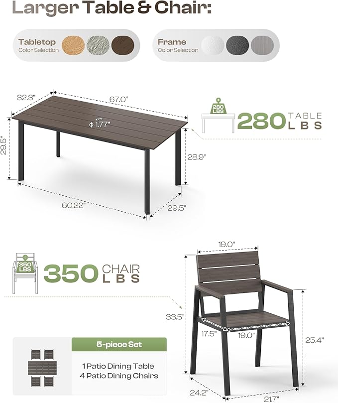 67" Rectangle HDPS Patio Dining Table, Aluminum Outdoor Patio Dining Table - Image 7