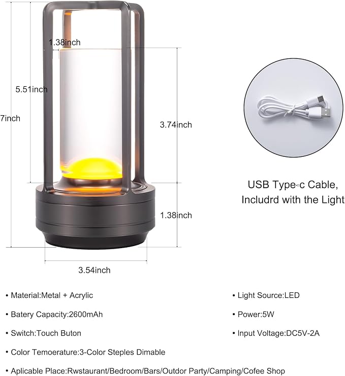 Portable Metal Table Lamp for Indoor/Outdoor, Rechargeable Cordless LED Lamp - Image 7