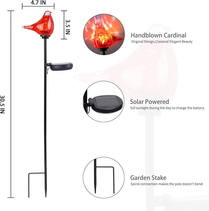 Bshine Solar Garden Decoration Outdoor Cardinal Lights, Hand Blown Glass - Image 2
