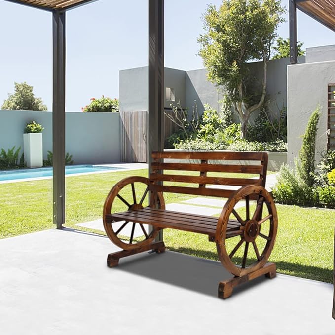 Outvita Wooden Garden Bench, Outdoor Rustic Wagon Wheel Bench - Image 2