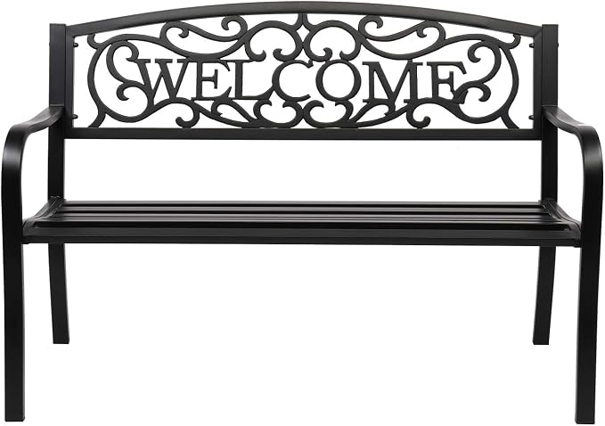 VINGLI Outdoor Bench for Patio Metal Garden Bench w/PVC Back Pattern by VINGLI