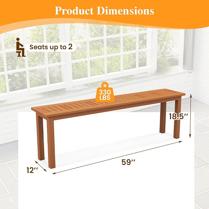Tangkula Outdoor Wood Bench, 59” Long Patio Dining Bench Set of 2, Backless - Image 3