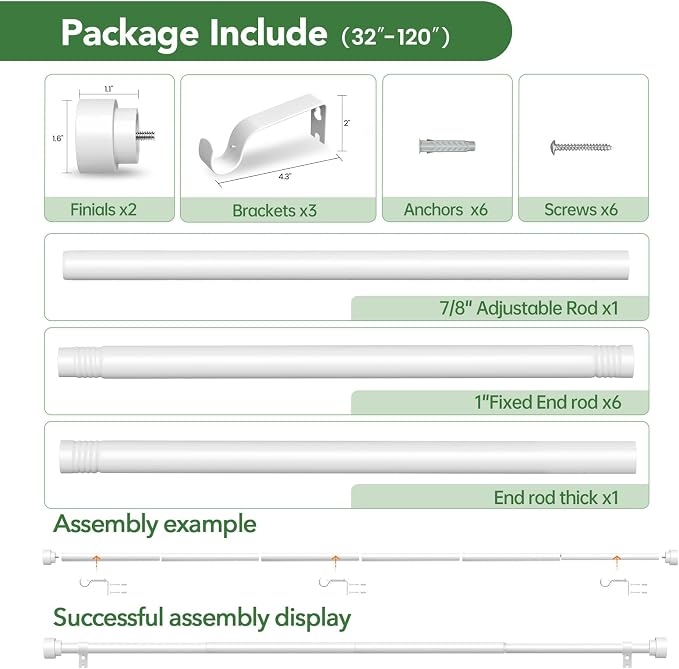 Curtain Rods for Windows 66 to 120, 1 Inch Adjustable White Extra Long Heavy - Image 6