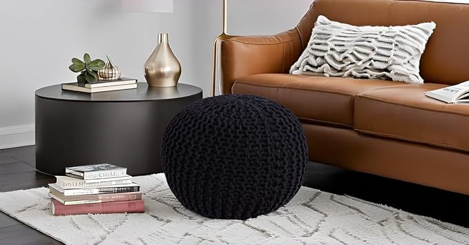 FRELISH DECOR Round Pouf Ottoman Hand Knitted 100% Cotton Pouf Foot Stool - Image 6