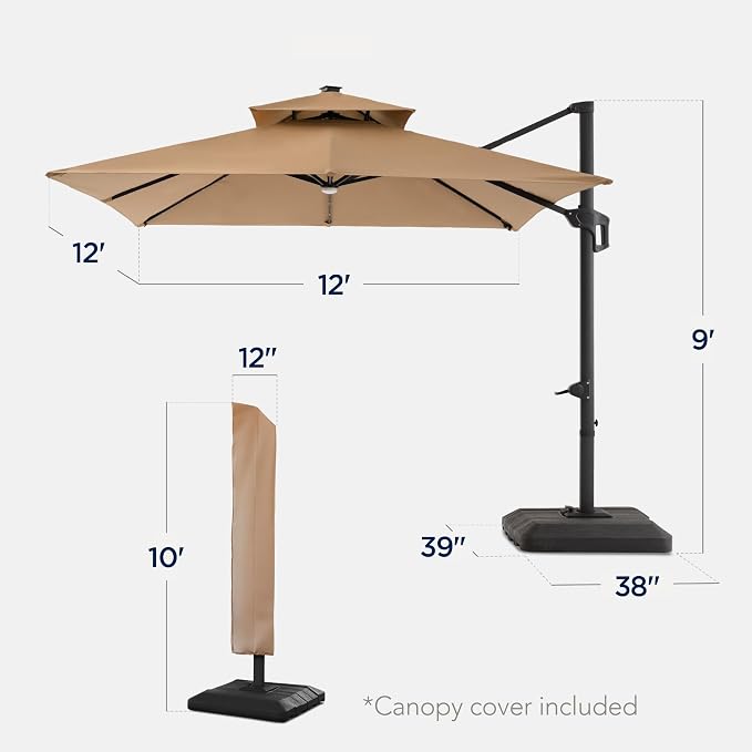 Best Choice Products 12x12ft LED Cantilever Patio Umbrella w/Base Included & - Image 2