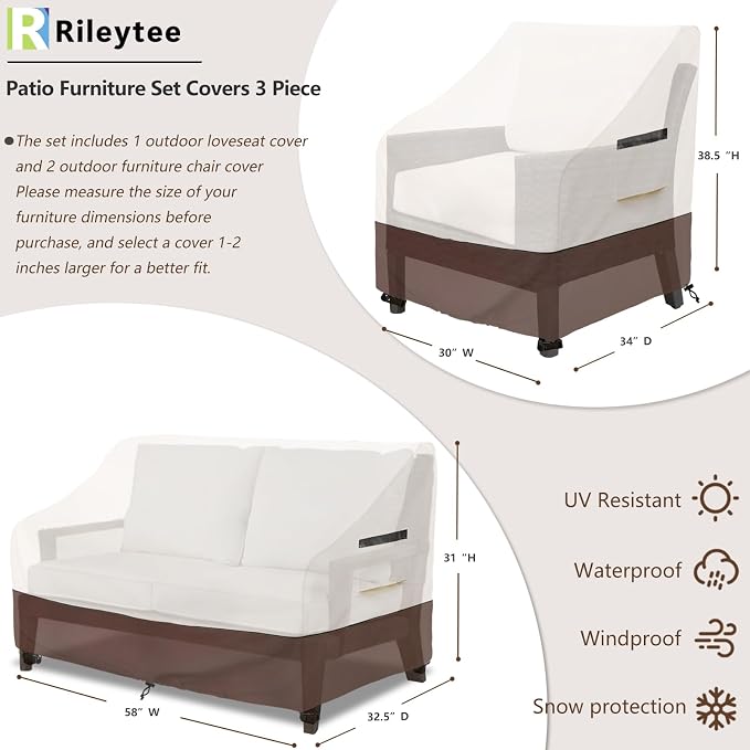 Patio Furniture Covers, 3 Piece Heavy Duty Waterproof Outdoor Furniture Cover - Image 2