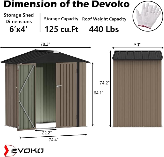 Devoko Outdoor Storage Shed 6 x 4 FT Lockable Metal Garden Shed Steel - Image 6