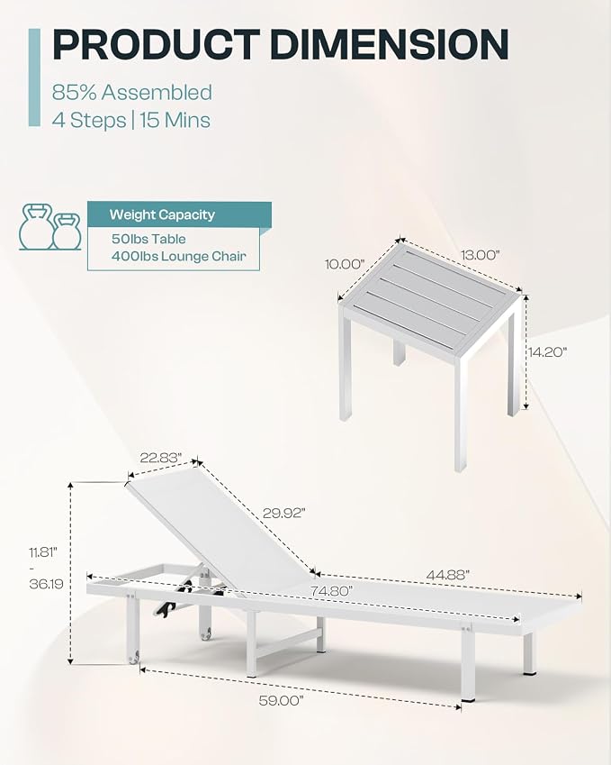Lounge Chair Outdoor with Wheels, Aluminum Patio Chaise Lounge Chair with 5 - Image 2
