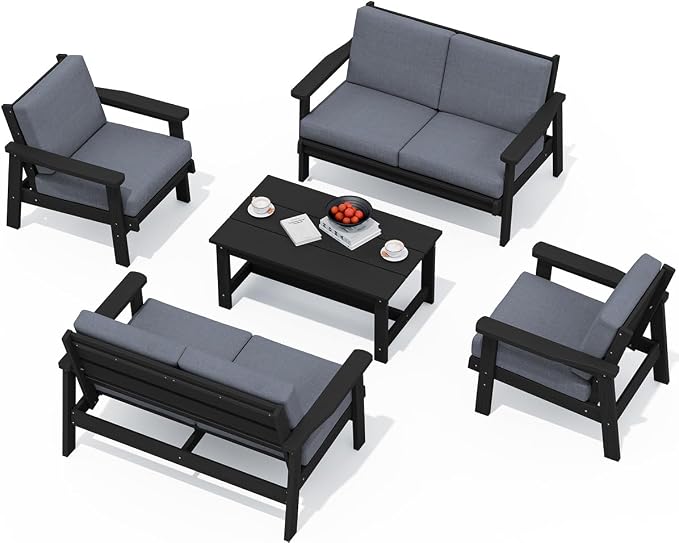 SERWALL HDPE Patio Furniture Set, 5 Piece All Weather Wood-Like Sectional by SERWALL