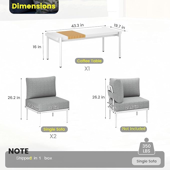 Sundale Outdoor 3 Pieces Patio Furniture Set, Metal Outdoor Sectional Sofa - Image 2