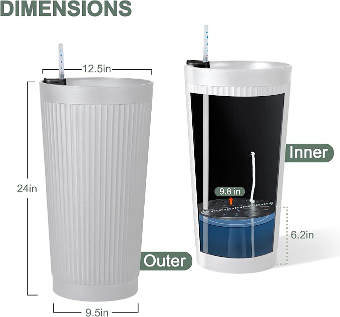 24” Tall Outdoor Planters Set of 2, Self Watering Flower Pots White Planters - Image 5