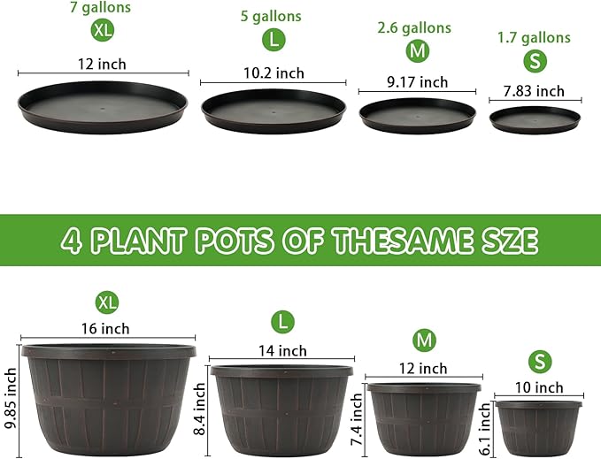 Quarut 16 Inch Brown Classic Plastic Whiskey Barrel Planters Set of 4 - Image 3
