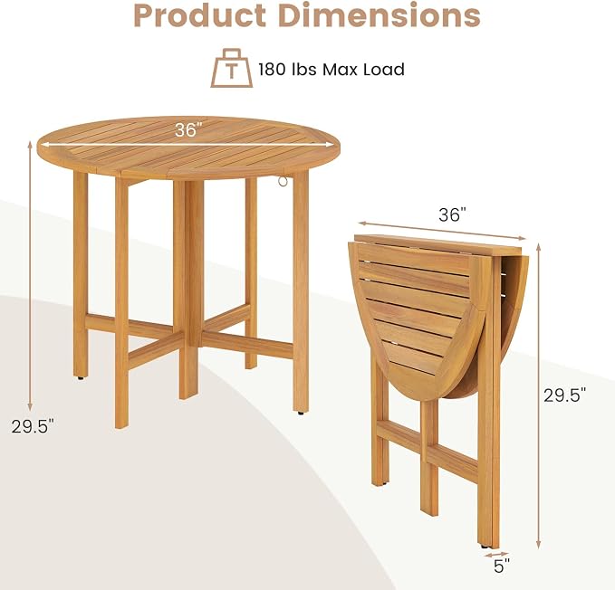 Tangkula 2 Pieces 36 Inches Outdoor Folding Round Dining Table, No Assembly - Image 3