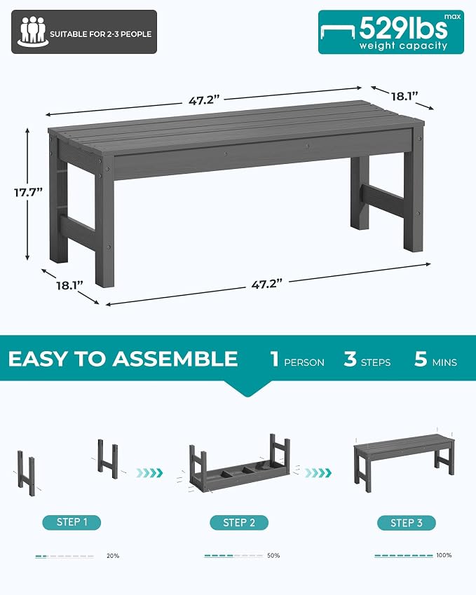 SERWALL 47 Inches Outdoor Bench Set of 2, All Weather HDPE Backless Bench - Image 3