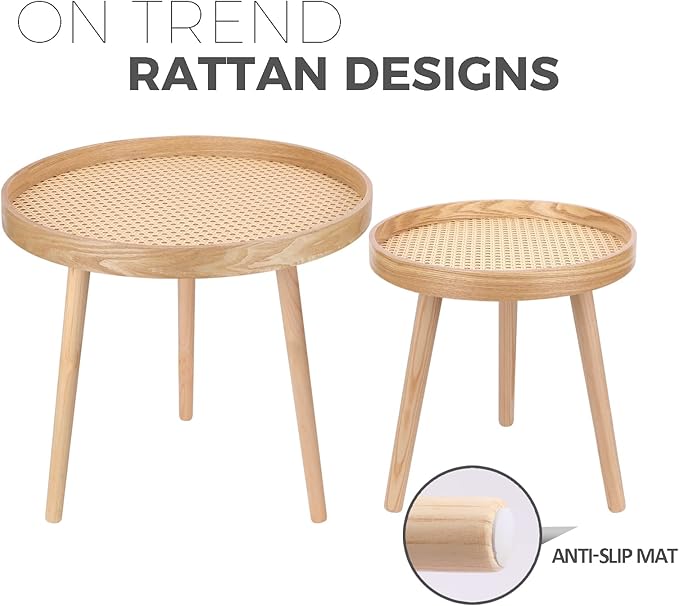 Round Coffee Table Set of 2, Natural Boho Coffee Tables, Small Mid Century - Image 4