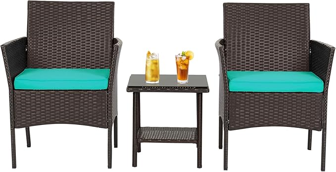 FDW | 3-Piece Patio Furniture Set | Brown & Blue | Outdoor Wicker Furniture by FDW