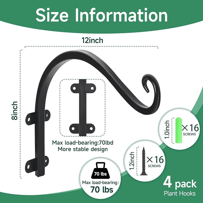 4 Pack 12Inch Plant Hanger, Sturdy Hanging Plant Bracket Hooks Outdoor - Image 2