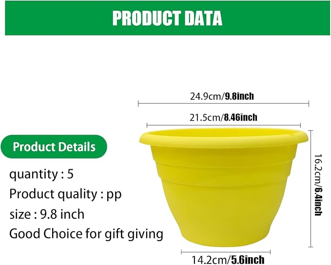 10 Inch Plant Pots Set of 5, Lightweight Plastic Planters - Image 3