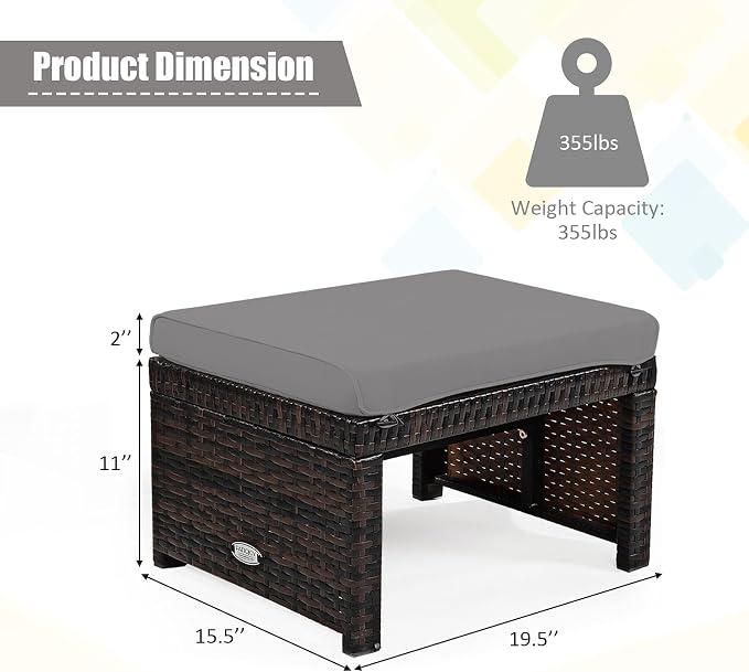 Tangkula 2 Pieces Patio Rattan Ottomans, All Weather Outdoor Footstool Footrest - Image 5