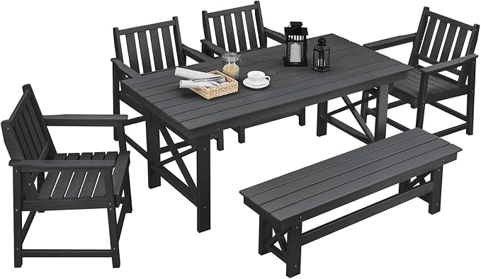 HDPE Outdoor Dining Set of 6, Patio Dining Table Set by SeeHill